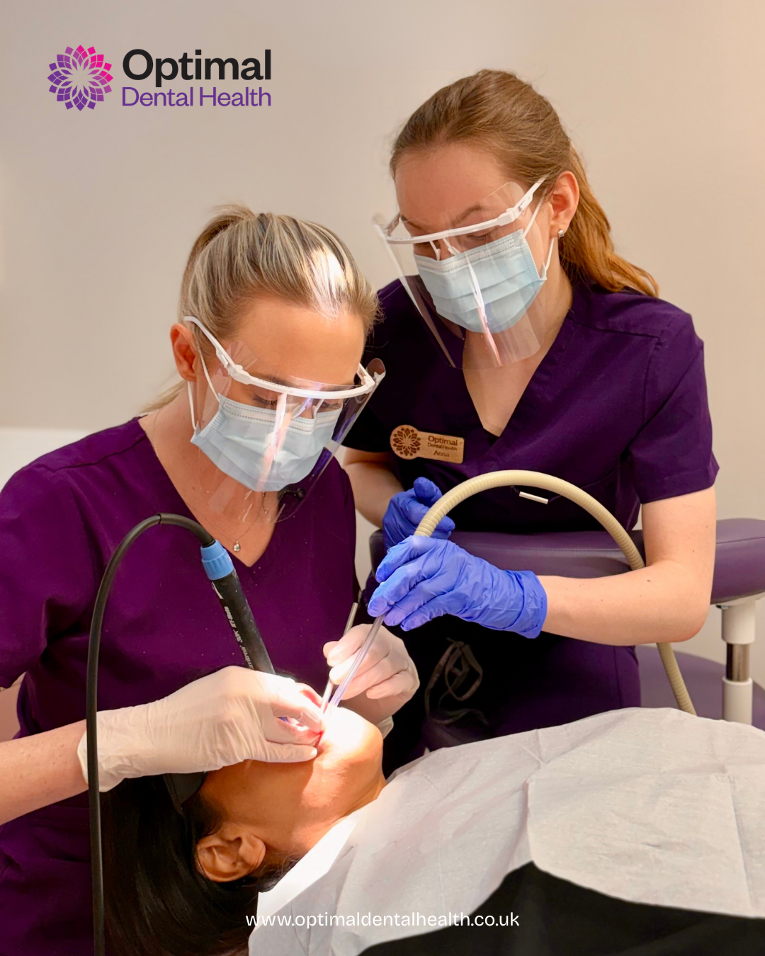 dental hygienist brooke shipp and dental nurse anna working at Optimal dental health london