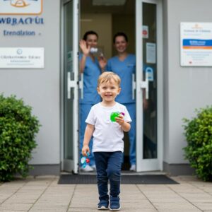 a child standing outside a dental clinic happy, holding an apple