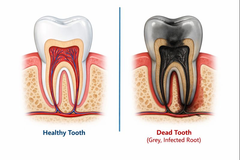 a diagram of a healthy tooth compared to a grey tooth that outlines causes and treatments
