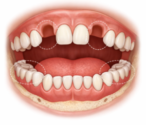 a clear diagram of the mouth showing two missing adult teeth in a child