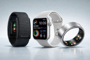 an image of health technology including the oura ring, apple watch and whoop band to promote sleep tracking