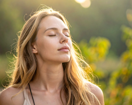 a young woman sitting in nature with the sun shining on her face