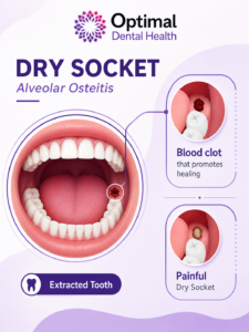 a diagram showing a tooth extraction site with a healing clot vs a dry socket 